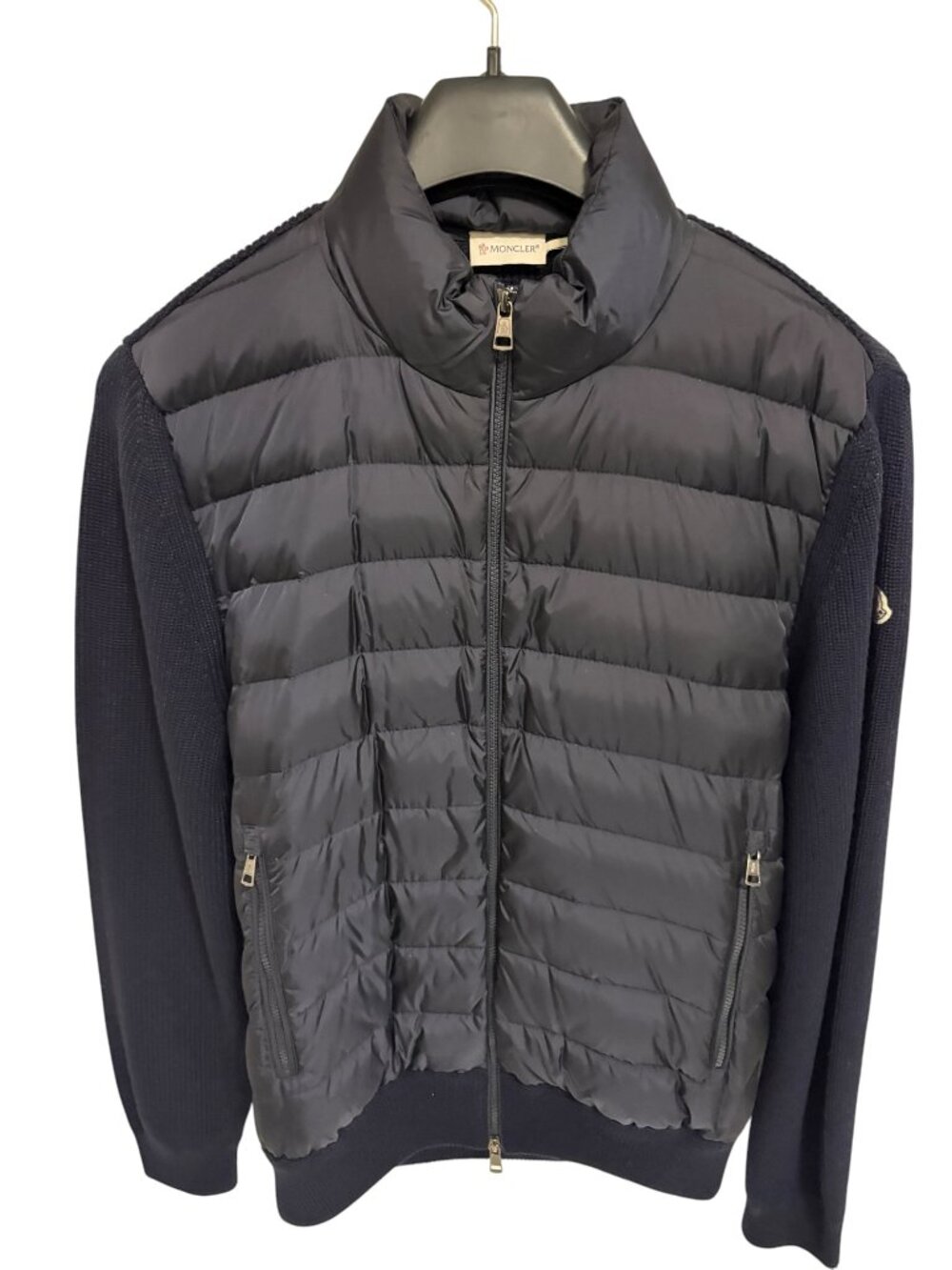 Moncler Maglione Tricot Cardigan Navy Blue Down Quilted Knit Sleeve Puffer Large